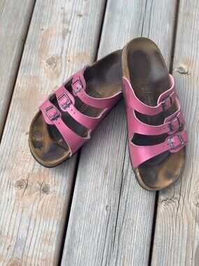 Birkenstock Florida Sandals 38 Pink Birko-Flor Faux Leather Three Strap Comfort